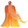 Silhouette of man with crown and long beard, cape and sword at the waist, isolated on white background