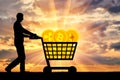 Silhouette of a man and a crypto currency in a grocery cart on a sunset