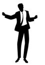 Silhouette of man dancing new wave music wearing clothes in the style of the 80s isolated on white background