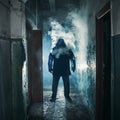 Silhouette of man in dark creepy corridor in clouds of vape steam or vapor smoke, mystery horror atmosphere