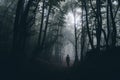 Silhouette of man in dark haunted woods on foggy Halloween night