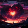 Silhouette of a man in a dark land in the sky a large fiery heart. Heart as a symbol of affection and
