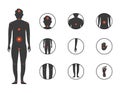 Silhouette of a man with different body pain. Point of male body pain. Injury icon set. Vector