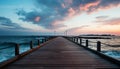 Silhouette of man on dock, tranquil dusk over water generated by AI