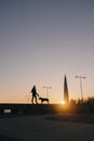 Silhouette of a man and a dog at sunset on the shore of the sea or lake Royalty Free Stock Photo