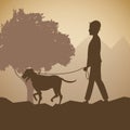 Silhouette man and dog walk forest background Royalty Free Stock Photo