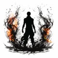 Silhouette of a man with fiery and smoky aura isolated on a white background. A male figure engulfed in flames and fire Royalty Free Stock Photo