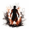 Silhouette of a man with fiery and smoky aura on a white backdrop. A male figure engulfed in flames and fire. Concept of Royalty Free Stock Photo