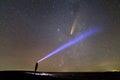 Silhouette of a man with flashlight on his head pointing bright beam of light on starry sky with C/2020 F3 NEOWISE comet with Royalty Free Stock Photo