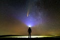 Silhouette of a man with flashlight on his head pointing bright beam of light on starry sky with Neowise comet with light tail Royalty Free Stock Photo