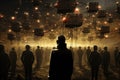 Silhouette of a man in front of a crowd of people in a foggy night, A dystopian scene of communication being controlled by an