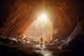 Silhouette of a man in front of the high rocky entrance of a cave through which the light of the sun shines, made with generative