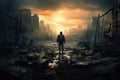 Silhouette of a man with a gun against the background of a destroyed city, Lone soldier walking in destroyed city, AI Generated