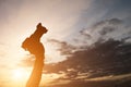 Silhouette of man hand holding camera while sunset. Royalty Free Stock Photo