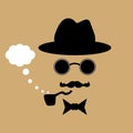 Silhouette of a man in hat with mustache, glasses, pipe and bow-tie. Vector illustration.