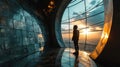 Silhouette of a man in helmet standing in a futuristic building near window at big city Royalty Free Stock Photo