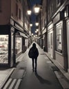 Silhouette of a man in hoodie, walking alone in an empty city street, city view at night, cafe, stores, lights