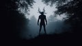 a silhouette of a man with horns standing in the woods in the fog with trees in the foreground and fog in the background Royalty Free Stock Photo