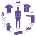 Silhouette of a man, irons and different clothes.
