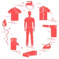 Silhouette of a man, irons and different clothes
