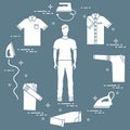 Silhouette of a man, irons and different clothes.