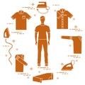 Silhouette of a man, irons and different clothes