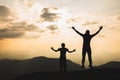 Silhouette of a man jumping with arms and legs spread as the sun sets. Success concept. journey for freedom Travel, adventure,