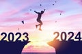 Silhouette man jumping between cliff with number 2022 to 2023 and birds flying at tropical sunset beach. Freedom challenge and Royalty Free Stock Photo