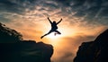 Silhouette man jumping over cliffs for I can do it , good mindset by never give up concept Royalty Free Stock Photo