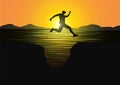 Silhouette of man jumping over the cliffs on sunrise background, achievement business concept vector illustration Royalty Free Stock Photo