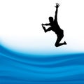 Silhouette of a man jumping over the waters.