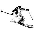 Silhouette man jumps on ski, black and white vector grunge illustration Royalty Free Stock Photo