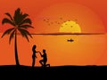 Silhouette of a man kneeling proposing to a woman on a sandy beach with sunset  background Royalty Free Stock Photo