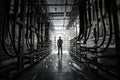 Silhouette of a man with a lantern in a dark cable tunnel with many cables.