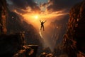 Silhouette of man leaping over chasm, symbolizing lifes triumph at sunrise Royalty Free Stock Photo