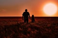 The silhouette of a man and a little girl in a field during sunset.