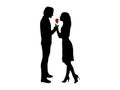 Silhouette man in love gives rose to woman