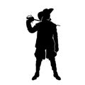 Silhouette of a man in musketeer costume holding sword weapon. Royalty Free Stock Photo