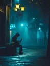 Silhouette of a man playing guitar in the street at night