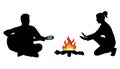 Silhouette of man playing guitar and woman warming hands near bonfire. Camping. Vector illustration