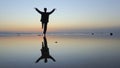 Silhouette of man practiceing qigong exercises at sunset by the sea