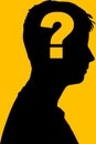 Silhouette of a man with a question mark. Concept for questions and knowledge. Illustration, vector graphics.