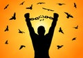 Silhouette of man with raised hands, breaking chain in handscuffs, on background of sunrise and flying birds, concept of freedom. Royalty Free Stock Photo