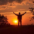 Silhouette of man raised hands at sunset background, generative AI Royalty Free Stock Photo