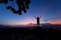 Silhouette of man raised his hands with tree frame at sunset or sunrise sky Royalty Free Stock Photo