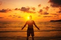 Silhouette of Man Raising His Hands or Open arms  with sunset. Royalty Free Stock Photo