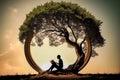 Silhouette of a man reading, surrounded by a tree, protected by nature Royalty Free Stock Photo