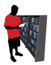 Silhouette of Man in Red T-Shirt Reading a Book with Bookshelf Graphics Included Cartoon Vector Graphic Illustration