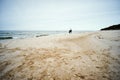 Silhouette of a man riding a horse in the distance on the beach