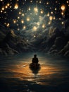 Silhouette of a man rowing a boat, many lanterns, AI generated.